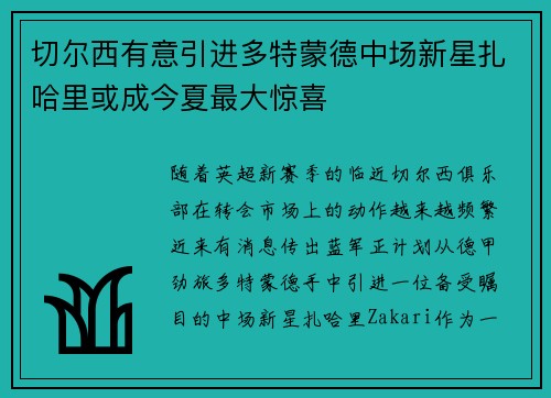 切尔西有意引进多特蒙德中场新星扎哈里或成今夏最大惊喜